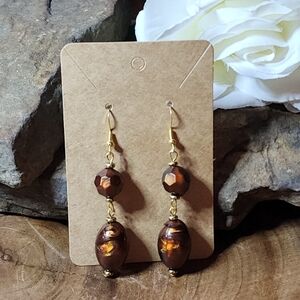 Gold Toned Earrings With Brown And Bronze Swirled Beads Dangle Pierced Earrings